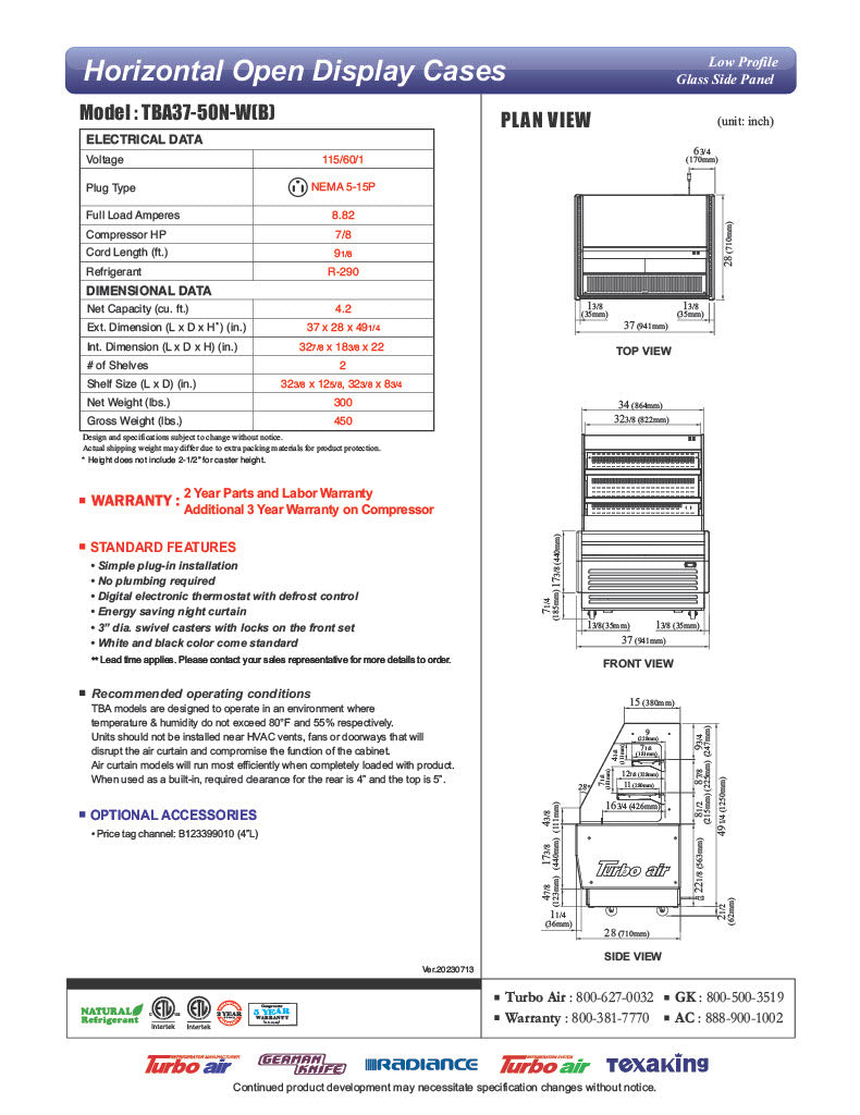Turbo Air TBA37-50N-W 37" White Horizontal Refrigerated Open Display Merchandiser w/ (2) Shelves, 115v - Donut-Equipment.com
