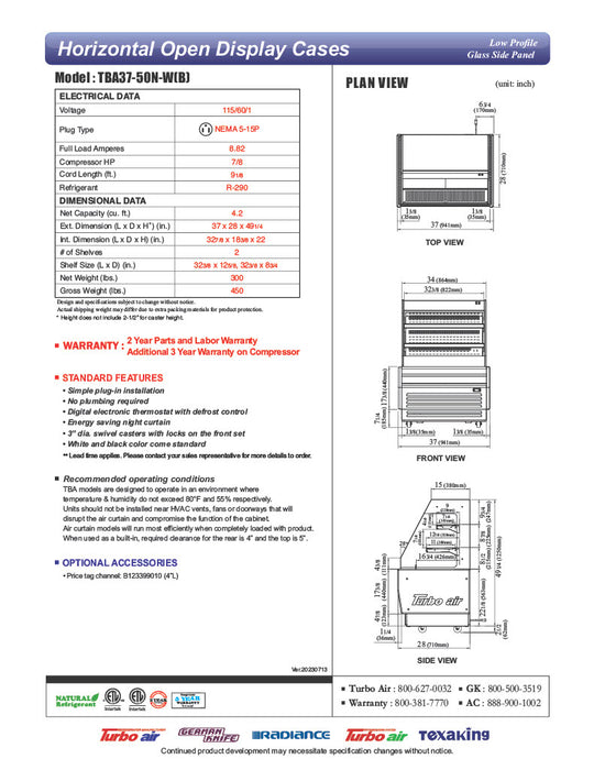 Turbo Air TBA37-50N-W 37" White Horizontal Refrigerated Open Display Merchandiser w/ (2) Shelves, 115v - Donut-Equipment.com