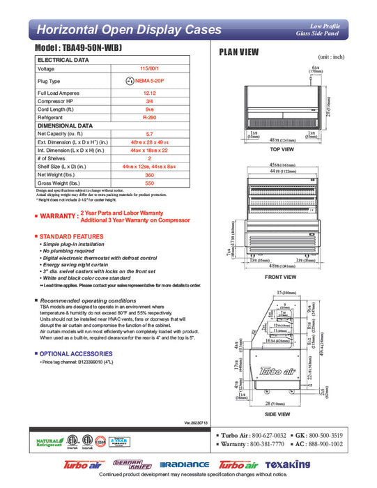 Turbo Air TBA49-50N-W 49" White Horizontal Refrigerated Open Display Merchandiser w/ (2) Shelves, 115v - Donut-Equipment.com