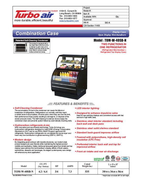 Turbo Air TOM-W-40SB-N 38 7/8" Black Horizontal Open Air Cooler w/ (4) Levels – Wide Display Merchandiser, 115v - Donut-Equipment.com