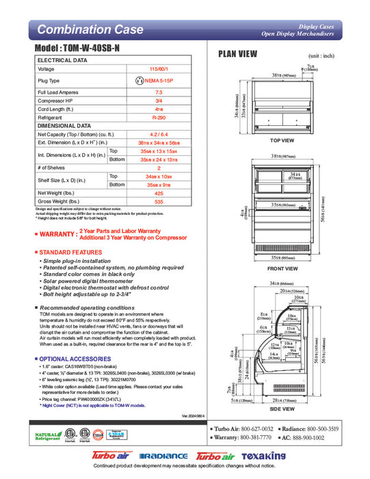 Turbo Air TOM-W-40SB-N 38 7/8" Black Horizontal Open Air Cooler w/ (4) Levels – Wide Display Merchandiser, 115v - Donut-Equipment.com