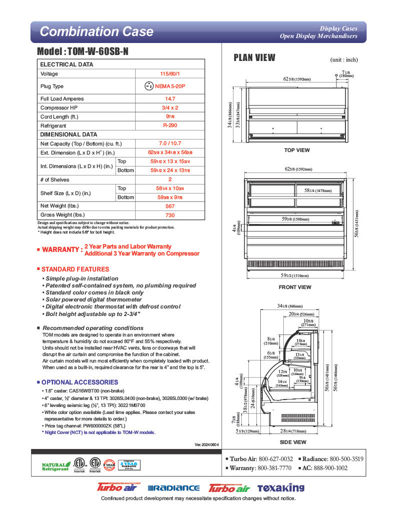 Turbo Air TOM-W-60SB-N 62 5/8" Black Horizontal Open Air Cooler w/ (4) Levels – Wide Display Merchandiser, 115v - Donut-Equipment.com