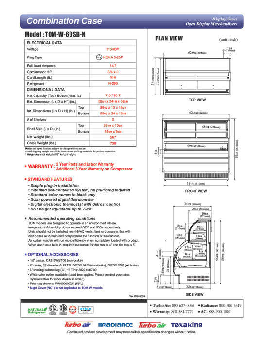 Turbo Air TOM-W-60SB-N 62 5/8" Black Horizontal Open Air Cooler w/ (4) Levels – Wide Display Merchandiser, 115v - Donut-Equipment.com