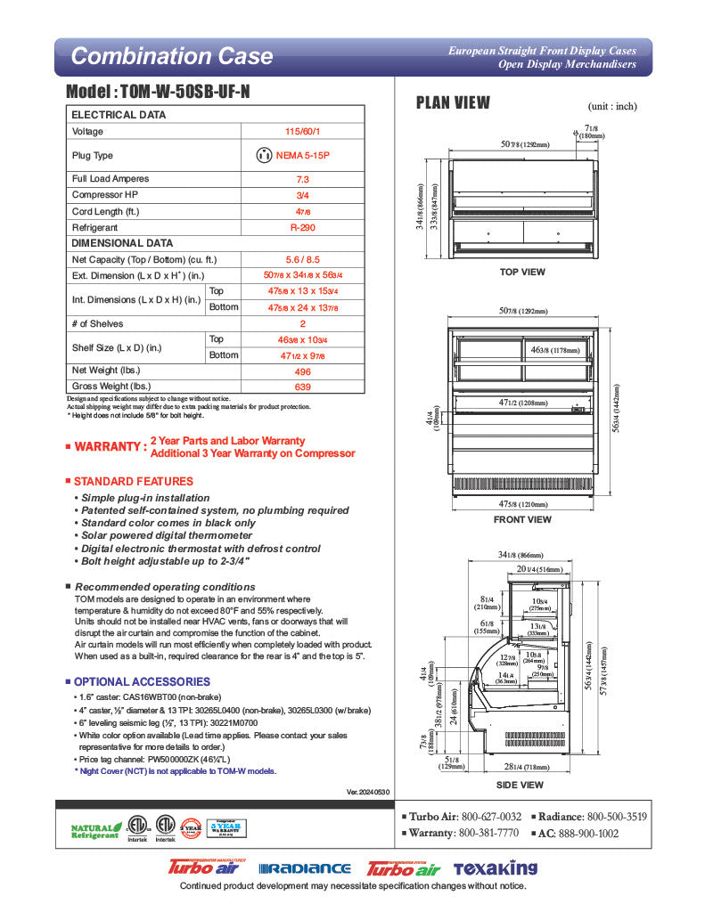Turbo Air TOM-W-50SB-UF-N 50 7/8" Black Horizontal Open Air Cooler w/ (4) Levels – Ultra Front Display Merchandiser, 115v - Donut-Equipment.com