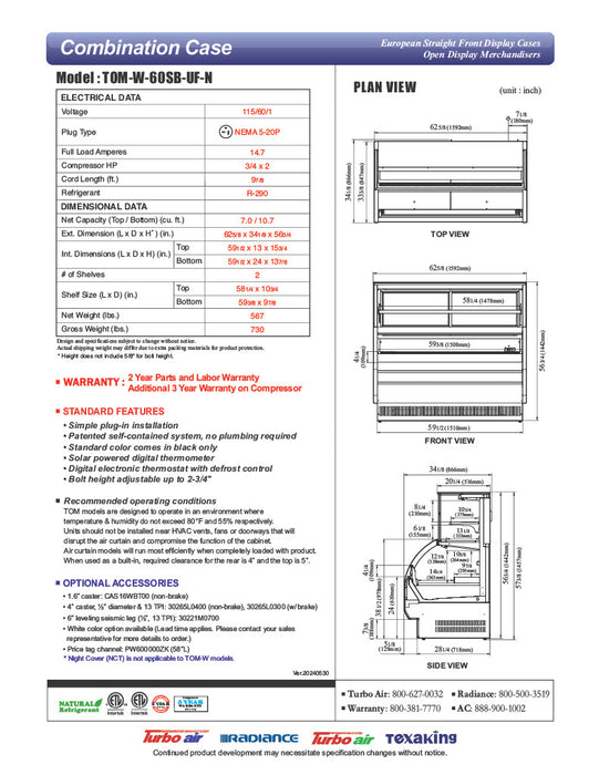 Turbo Air TOM-W-60SB-UF-N 62" Black Horizontal Open Air Cooler w/ (4) Levels – Ultra Front Display Merchandiser, 115v - Donut-Equipment.com