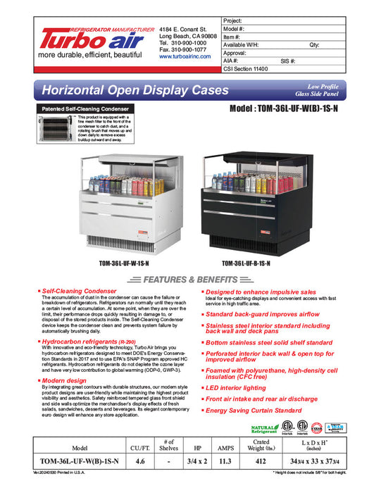 Turbo Air TOM-36L-UF-W-1S-N 34 3/4" White Low Profile Horizontal Open Air Cooler w/ (1) Level – Ultra Front Merchandiser, 115v - Donut-Equipment.com