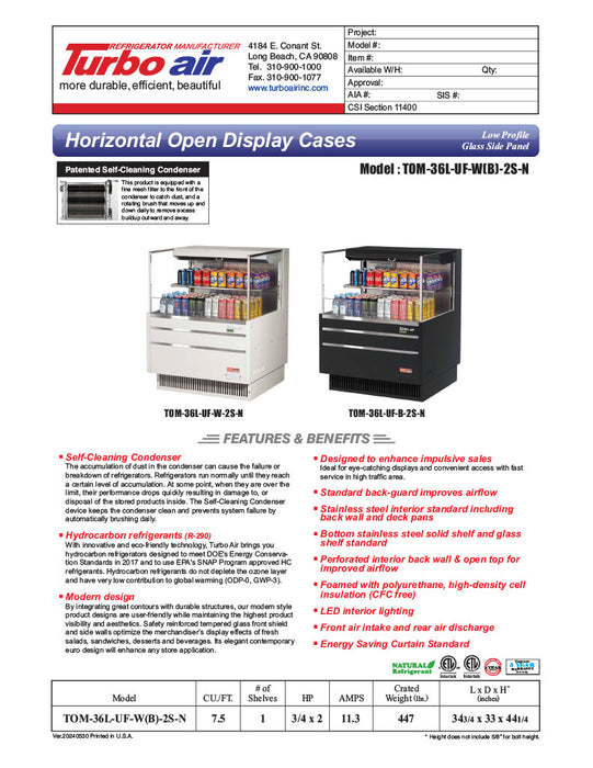 Turbo Air TOM-36L-UF-W-2S-N 34 3/4" White Low Profile Horizontal Open Air Cooler w/ (2) Levels – Ultra Front Merchandiser, 115v - Donut-Equipment.com