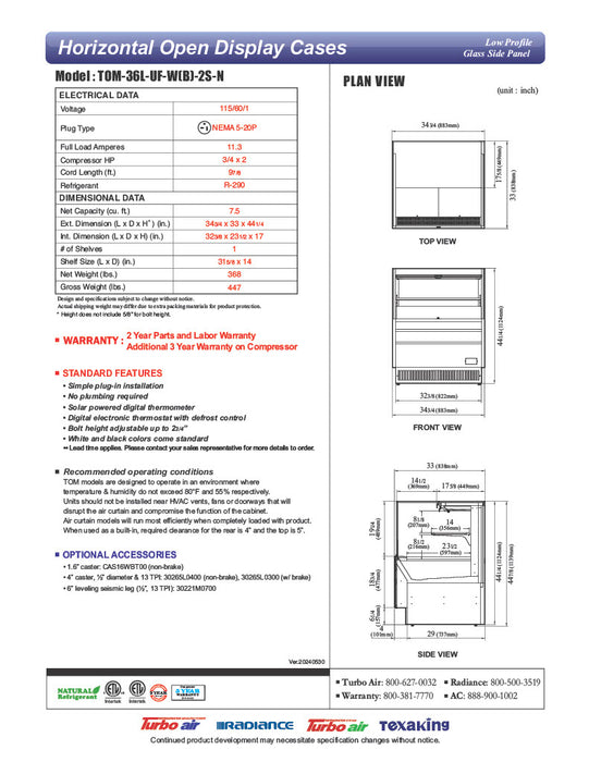 Turbo Air TOM-36L-UF-W-2S-N 34 3/4" White Low Profile Horizontal Open Air Cooler w/ (2) Levels – Ultra Front Merchandiser, 115v - Donut-Equipment.com