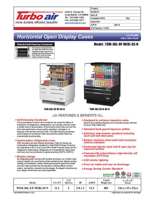 Turbo Air TOM-36L-UF-W-3S-N 34 3/4" White Low Profile Horizontal Open Air Cooler w/ (3) Levels – Ultra Front Merchandiser, 115v - Donut-Equipment.com
