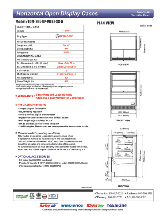 Turbo Air TOM-36L-UF-W-3S-N 34 3/4" White Low Profile Horizontal Open Air Cooler w/ (3) Levels – Ultra Front Merchandiser, 115v - Donut-Equipment.com