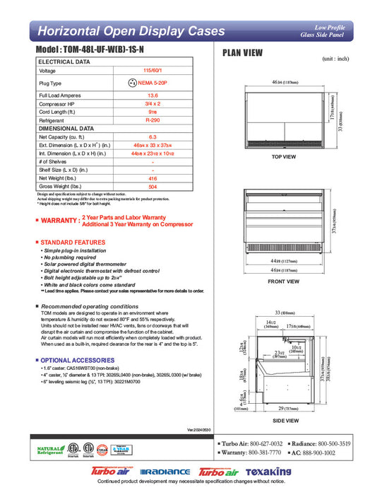 Turbo Air TOM-48L-UF-W-1S-N 46 3/4" White Low Profile Horizontal Open Air Cooler w/ (1) Level – Ultra Front Merchandiser, 115v - Donut-Equipment.com