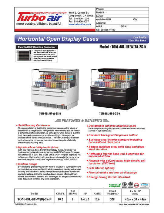 Turbo Air TOM-48L-UF-W-2S-N 46 3/4" White Low Profile Horizontal Open Air Cooler w/ (2) Levels – Ultra Front Merchandiser, 115v - Donut-Equipment.com