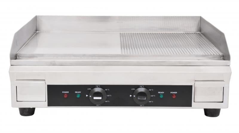 Omcan Stainless Steel Electric Griddle with Half-Smooth & Half-Ribbed Surface – 23.87" x 16" Commercial Countertop Griddle for Restaurants, Cafés & Foodservice Kitchens - Donut-Equipment.com