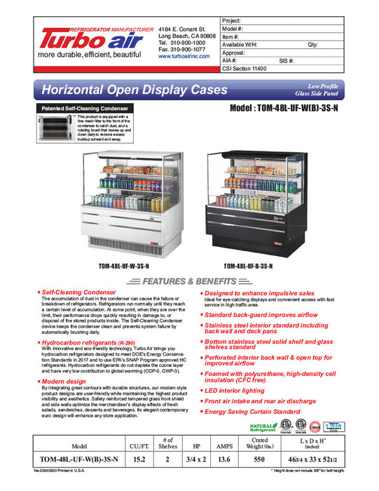 Turbo Air TOM-48L-UF-W-3S-N 46 3/4" White Low Profile Horizontal Open Air Cooler w/ (3) Levels – Ultra Front Merchandiser, 115v - Donut-Equipment.com