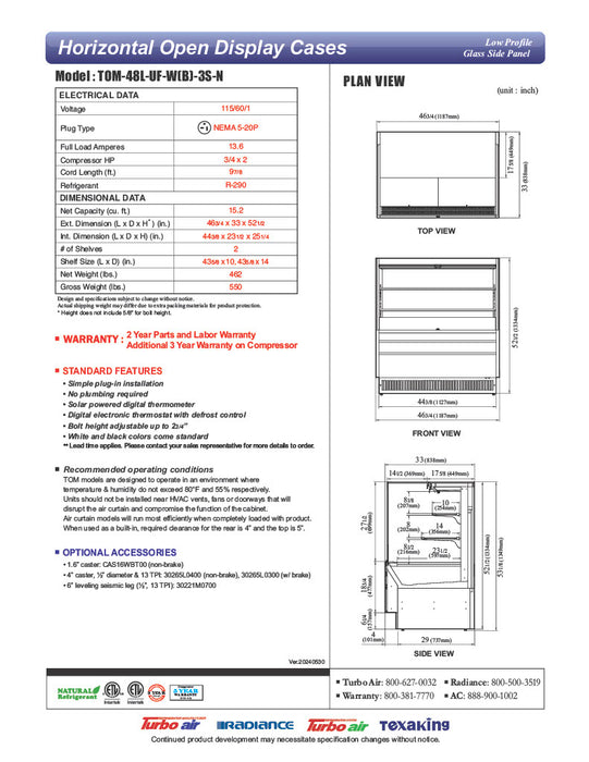 Turbo Air TOM-48L-UF-W-3S-N 46 3/4" White Low Profile Horizontal Open Air Cooler w/ (3) Levels – Ultra Front Merchandiser, 115v - Donut-Equipment.com