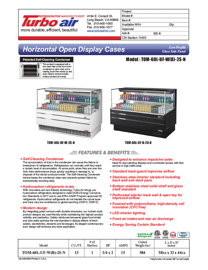 Turbo Air TOM-60L-UF-W-2S-N 58 3/4" White Low Profile Horizontal Open Air Cooler w/ (2) Levels – Ultra Front Merchandiser, 115v - Donut-Equipment.com
