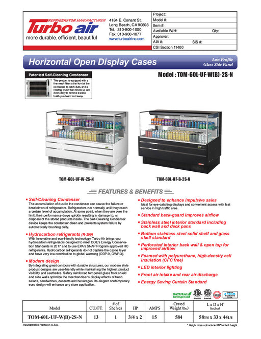 Turbo Air TOM-60L-UF-W-2S-N 58 3/4" White Low Profile Horizontal Open Air Cooler w/ (2) Levels – Ultra Front Merchandiser, 115v - Donut-Equipment.com