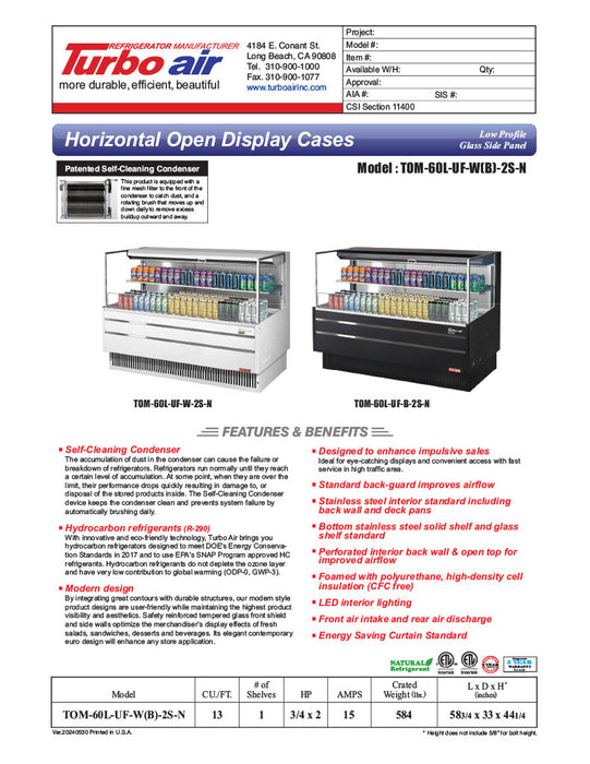 Turbo Air TOM-60L-UF-W-2S-N 58 3/4" White Low Profile Horizontal Open Air Cooler w/ (2) Levels – Ultra Front Merchandiser, 115v - Donut-Equipment.com