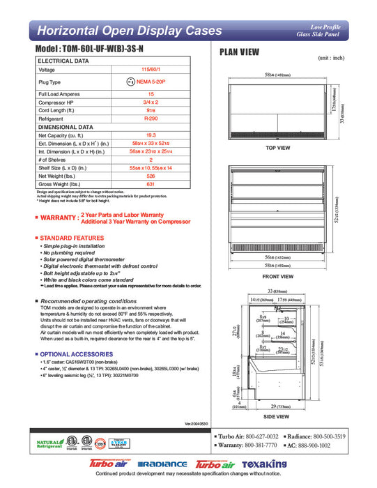 Turbo Air TOM-60L-UF-W-3S-N 58 3/4" White Low Profile Horizontal Open Air Cooler w/ (3) Levels – Ultra Front Merchandiser, 115v - Donut-Equipment.com