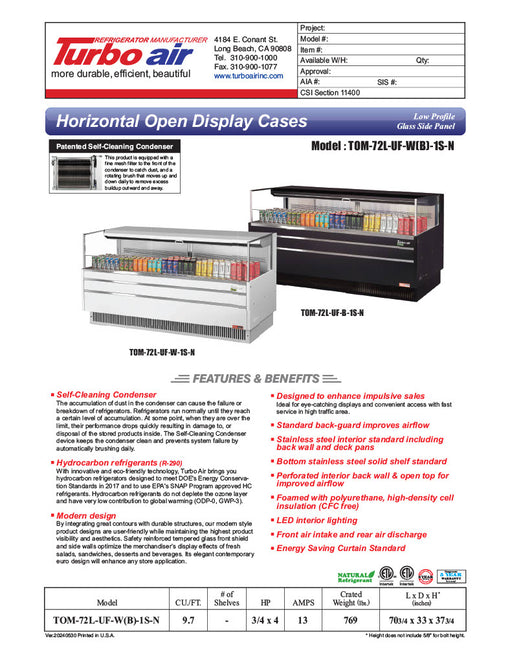 Turbo Air TOM-72L-UF-W-1S-N 70 3/4" White Low Profile Horizontal Open Air Cooler w/ (1) Level – Ultra Front Merchandiser, 220v/1ph - Donut-Equipment.com