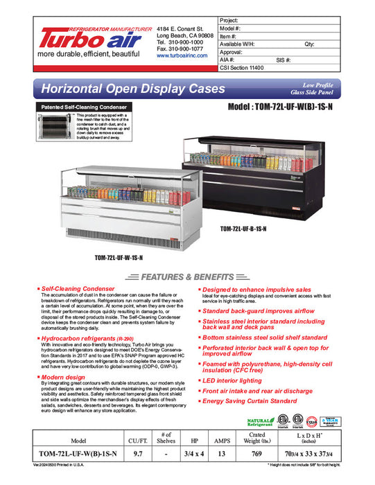 Turbo Air TOM-72L-UF-W-1S-N 70 3/4" White Low Profile Horizontal Open Air Cooler w/ (1) Level – Ultra Front Merchandiser, 220v/1ph - Donut-Equipment.com