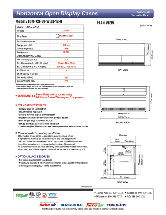 Turbo Air TOM-72L-UF-W-1S-N 70 3/4" White Low Profile Horizontal Open Air Cooler w/ (1) Level – Ultra Front Merchandiser, 220v/1ph - Donut-Equipment.com