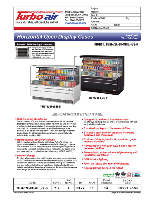 Turbo Air TOM-72L-UF-W-3S-N 70 3/4" White Low Profile Horizontal Open Air Cooler w/ (3) Levels – Ultra Front Merchandiser, 220v/1ph - Donut-Equipment.com