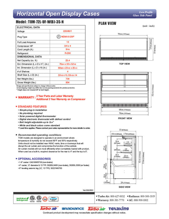 Turbo Air TOM-72L-UF-W-3S-N 70 3/4" White Low Profile Horizontal Open Air Cooler w/ (3) Levels – Ultra Front Merchandiser, 220v/1ph - Donut-Equipment.com