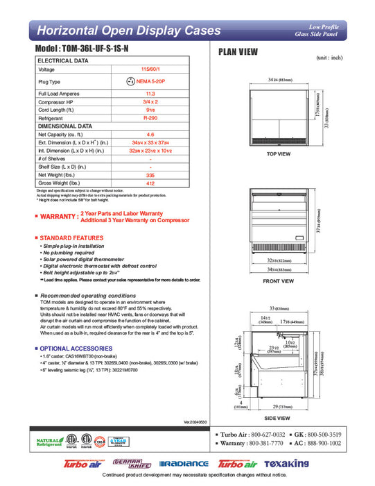 Turbo Air TOM-36L-UF-S-1S-N 35" Stainless Steel Low Profile Horizontal Open Air Cooler w/ (1) Level – Ultra Front Merchandiser, 115v - Donut-Equipment.com