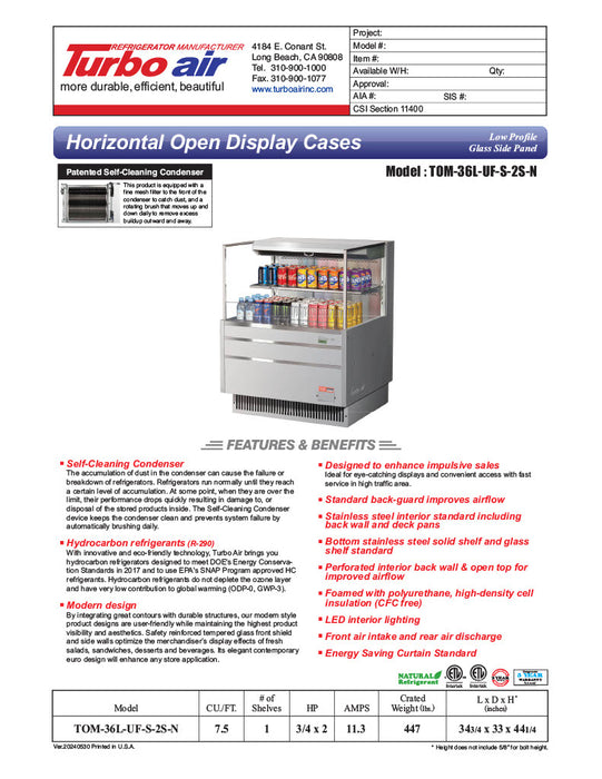 Turbo Air TOM-36L-UFD-S-2S-N 34 3/4" Stainless Steel Low Profile Horizontal Open Air Cooler w/ (2) Levels – Ultra Front Merchandiser, 115v - Donut-Equipment.com