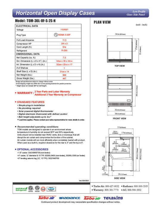 Turbo Air TOM-36L-UFD-S-2S-N 34 3/4" Stainless Steel Low Profile Horizontal Open Air Cooler w/ (2) Levels – Ultra Front Merchandiser, 115v - Donut-Equipment.com