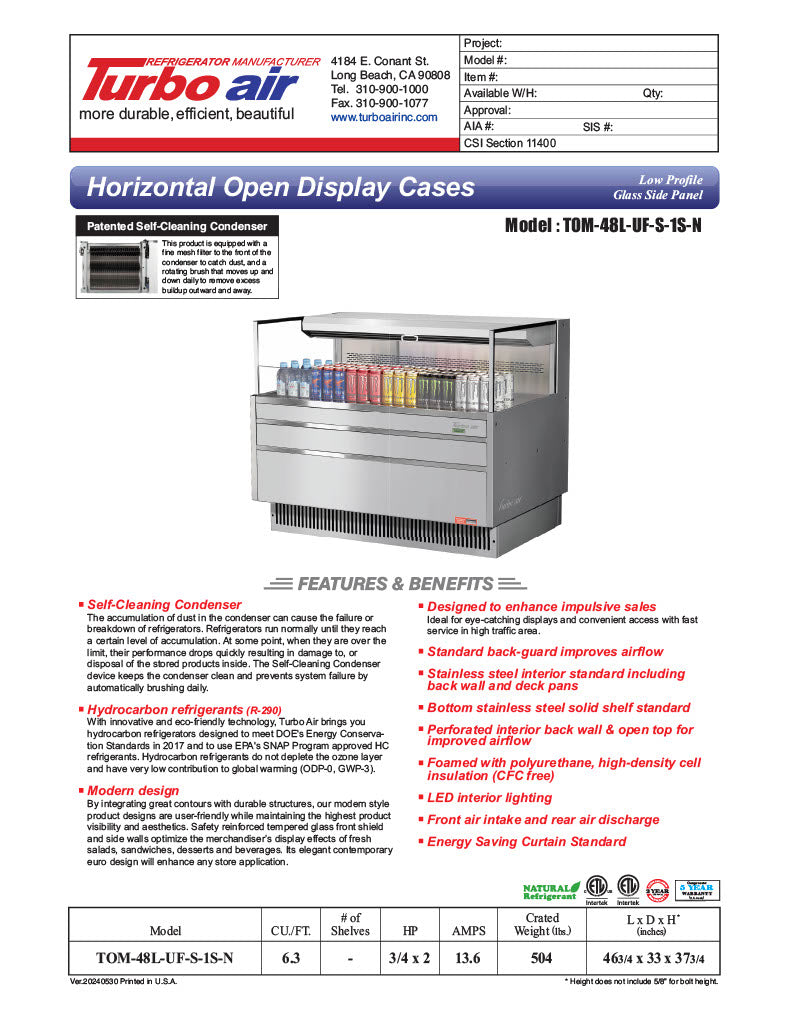 Turbo Air TOM-48L-UF-S-1S-N 46 3/4" Stainless Steel Low Profile Horizontal Open Air Cooler w/ (1) Level – Ultra Front Merchandiser, 115v - Donut-Equipment.com