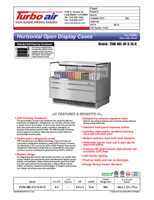 Turbo Air TOM-48L-UF-S-1S-N 46 3/4" Stainless Steel Low Profile Horizontal Open Air Cooler w/ (1) Level – Ultra Front Merchandiser, 115v - Donut-Equipment.com