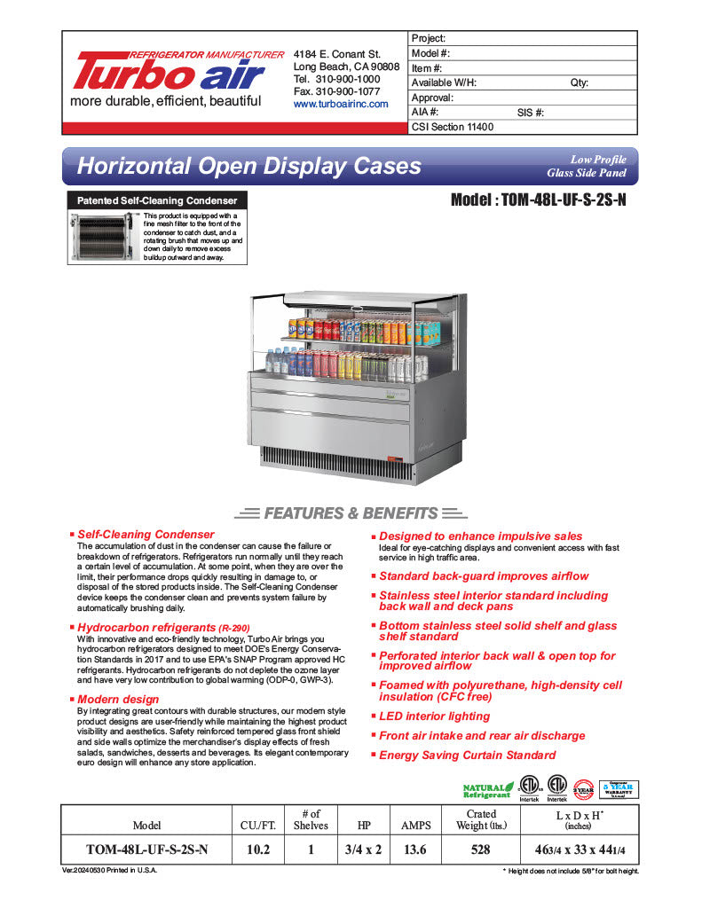 Turbo Air TOM-48L-UF-S-2S-N 46 3/4" Stainless Steel Low Profile Horizontal Open Air Cooler w/ (2) Levels – Ultra Front Merchandiser, 115v - Donut-Equipment.com