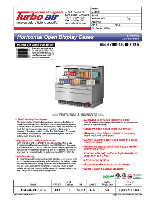 Turbo Air TOM-48L-UF-S-2S-N 46 3/4" Stainless Steel Low Profile Horizontal Open Air Cooler w/ (2) Levels – Ultra Front Merchandiser, 115v - Donut-Equipment.com