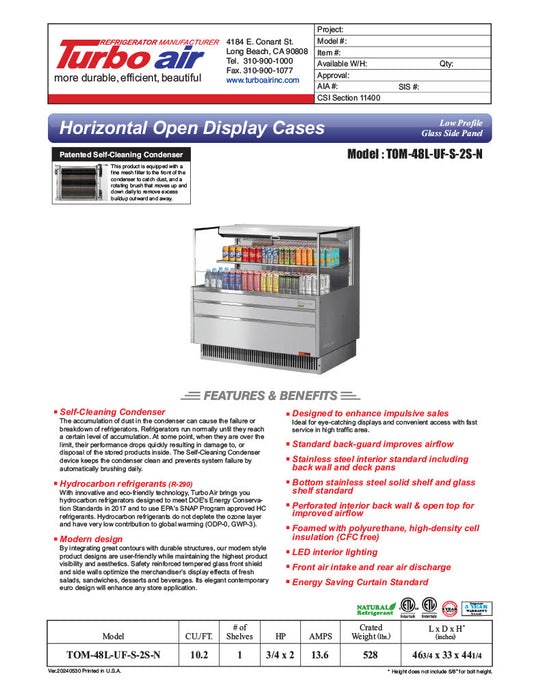 Turbo Air TOM-48L-UF-S-2S-N 46 3/4" Stainless Steel Low Profile Horizontal Open Air Cooler w/ (2) Levels – Ultra Front Merchandiser, 115v - Donut-Equipment.com