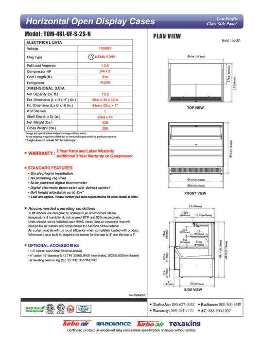 Turbo Air TOM-48L-UF-S-2S-N 46 3/4" Stainless Steel Low Profile Horizontal Open Air Cooler w/ (2) Levels – Ultra Front Merchandiser, 115v - Donut-Equipment.com