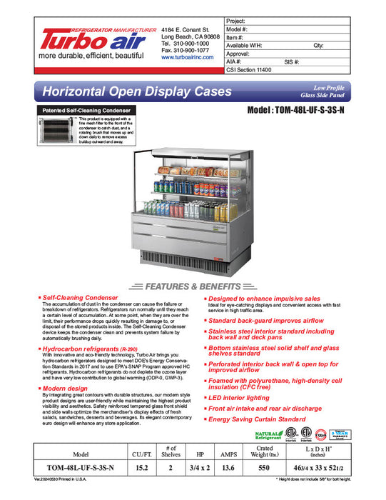 Turbo Air TOM-48L-UF-S-3S-N 46 3/4" Stainless Steel Low Profile Horizontal Open Air Cooler w/ (3) Levels – Ultra Front Merchandiser, 115v - Donut-Equipment.com