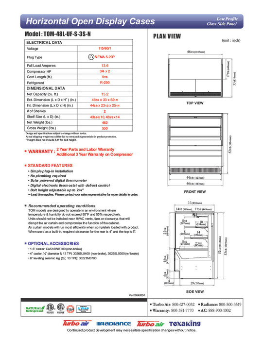 Turbo Air TOM-48L-UF-S-3S-N 46 3/4" Stainless Steel Low Profile Horizontal Open Air Cooler w/ (3) Levels – Ultra Front Merchandiser, 115v - Donut-Equipment.com