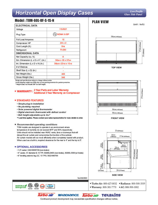 Turbo Air TOM-60L-UF-S-1S-N 58 3/4" Stainless Steel Low Profile Horizontal Open Air Cooler w/ (1) Level – Ultra Front Merchandiser, 115v - Donut-Equipment.com