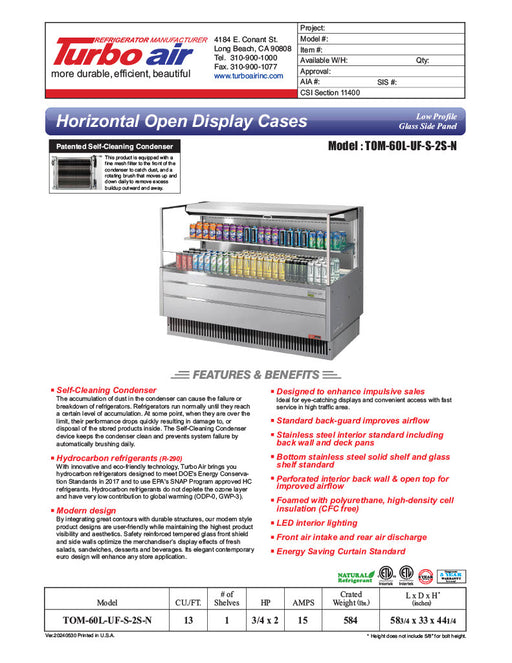 Turbo Air TOM-60L-UF-S-2S-N 58 3/4" Stainless Steel Low Profile Horizontal Open Air Cooler w/ (2) Levels – Ultra Front Merchandiser, 115v - Donut-Equipment.com