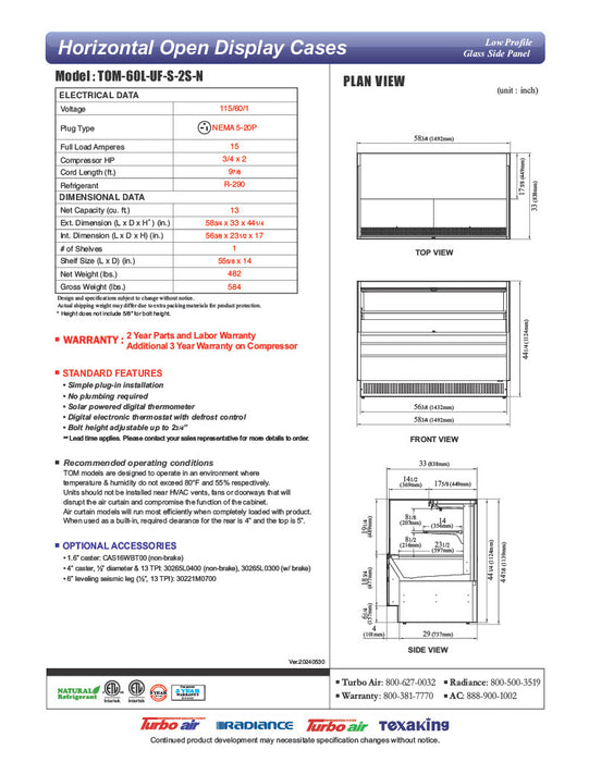 Turbo Air TOM-60L-UF-S-2S-N 58 3/4" Stainless Steel Low Profile Horizontal Open Air Cooler w/ (2) Levels – Ultra Front Merchandiser, 115v - Donut-Equipment.com