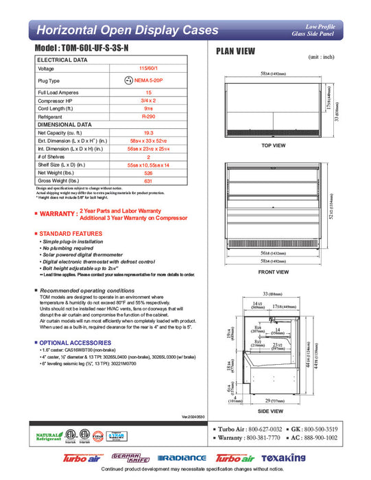 Turbo Air TOM-60L-UF-S-3S-N 58 3/4" Stainless Steel Low Profile Horizontal Open Air Cooler w/ (3) Levels – Ultra Front Merchandiser, 115v - Donut-Equipment.com