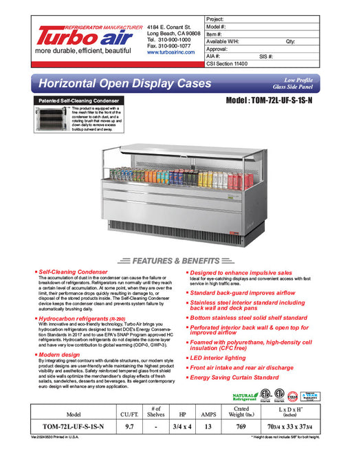 Turbo Air TOM-72L-UF-S-1S-N 70 3/4" Stainless Steel Low Profile Horizontal Open Air Cooler w/ (1) Level – Ultra Front Merchandiser, 220v/1ph - Donut-Equipment.com