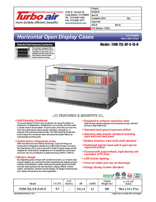 Turbo Air TOM-72L-UF-S-1S-N 70 3/4" Stainless Steel Low Profile Horizontal Open Air Cooler w/ (1) Level – Ultra Front Merchandiser, 220v/1ph - Donut-Equipment.com