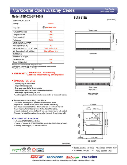 Turbo Air TOM-72L-UF-S-1S-N 70 3/4" Stainless Steel Low Profile Horizontal Open Air Cooler w/ (1) Level – Ultra Front Merchandiser, 220v/1ph - Donut-Equipment.com