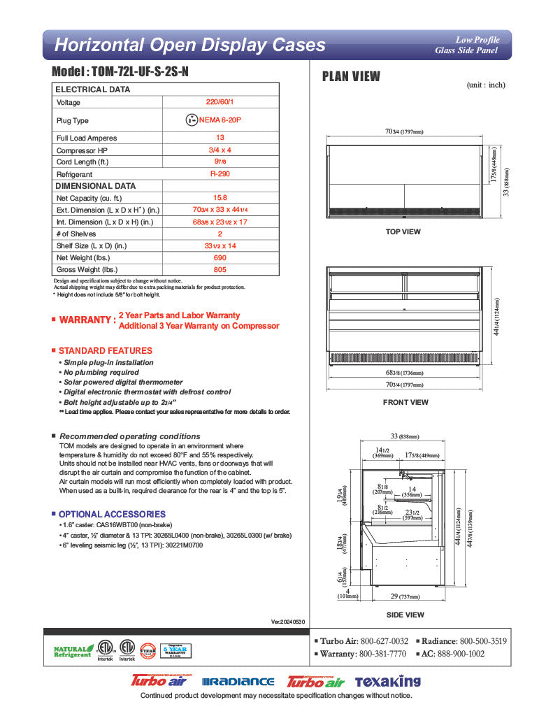 Turbo Air TOM-72L-UF-S-2S-N 70 3/4" Stainless Steel Low Profile Horizontal Open Air Cooler w/ (2) Levels – Ultra Front Merchandiser, 220v/1ph - Donut-Equipment.com