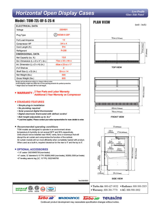 Turbo Air TOM-72L-UF-S-2S-N 70 3/4" Stainless Steel Low Profile Horizontal Open Air Cooler w/ (2) Levels – Ultra Front Merchandiser, 220v/1ph - Donut-Equipment.com