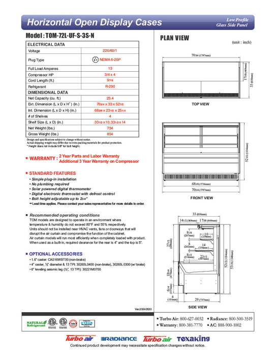 Turbo Air TOM-72L-UF-S-3S-N 70 3/4" Stainless Steel Low Profile Horizontal Open Air Cooler w/ (3) Levels – Ultra Front Merchandiser, 220v/1ph - Donut-Equipment.com