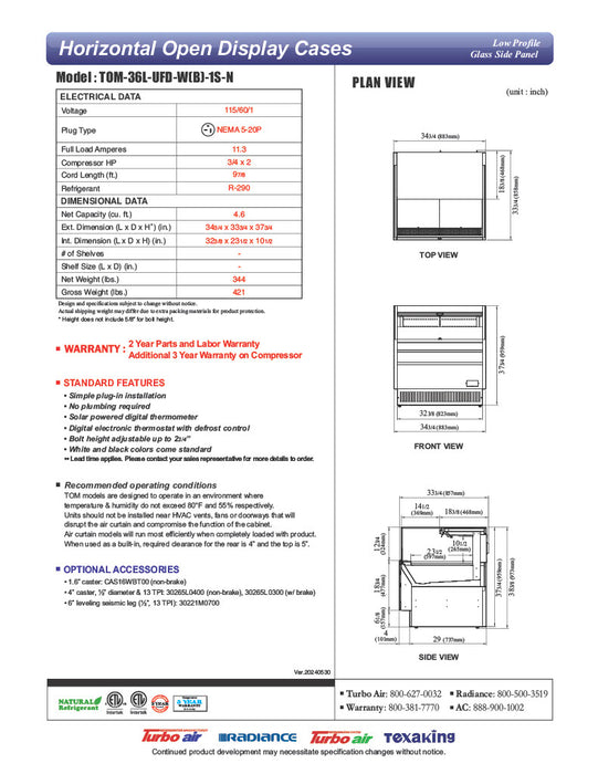 Turbo Air TOM-36L-UFD-W-1S-N 34 3/4" White Low Profile Horizontal Open Air Cooler w/ (1) Level – Ultra Front Deluxe Merchandiser, 115v - Donut-Equipment.com